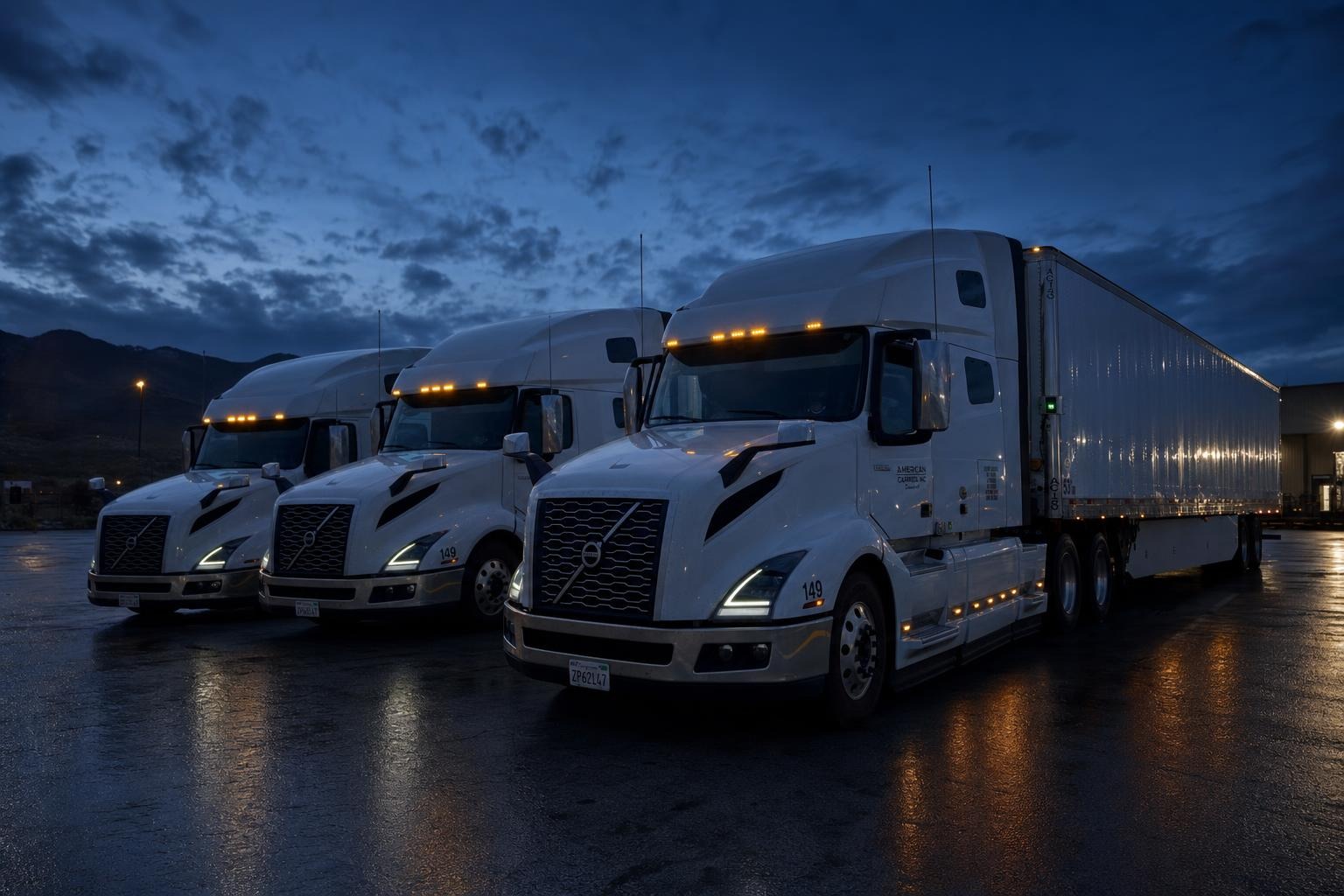 American Carrier, Inc. tractors and 53' trailers staged in the yard at night — visualization based on fleet photos