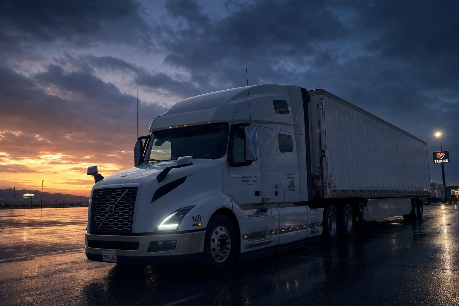 American Carrier, Inc. Volvo VNL 760 at dawn — visualization based on fleet photos