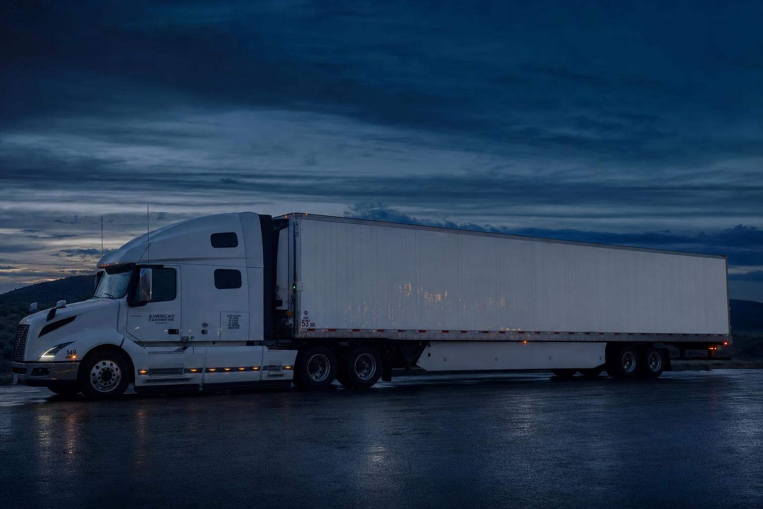 American Carrier, Inc. 53' dry van trailer at dusk — visualization based on fleet photos