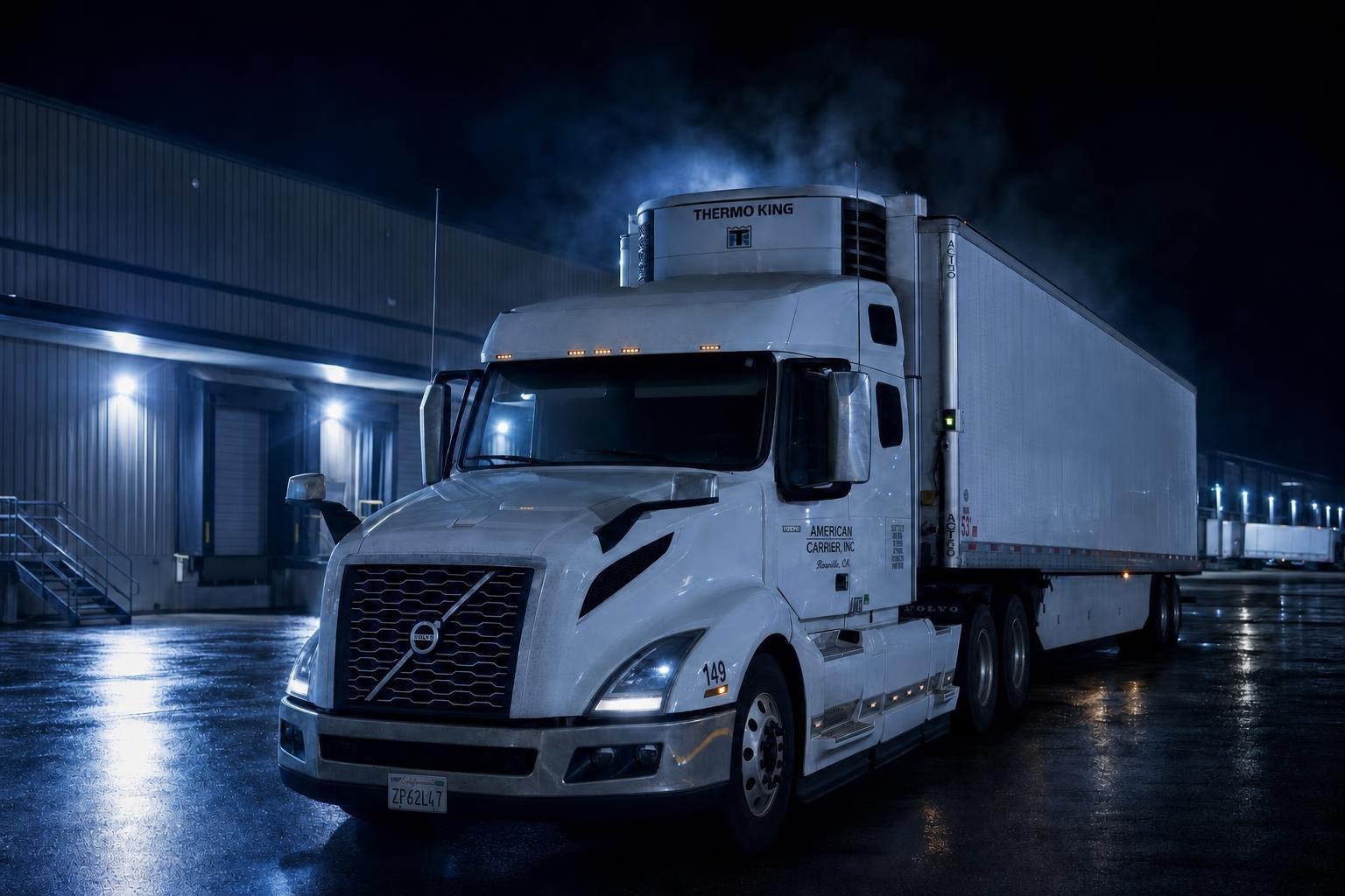 American Carrier, Inc. 53' refrigerated trailer at a dock at night — visualization based on fleet photos