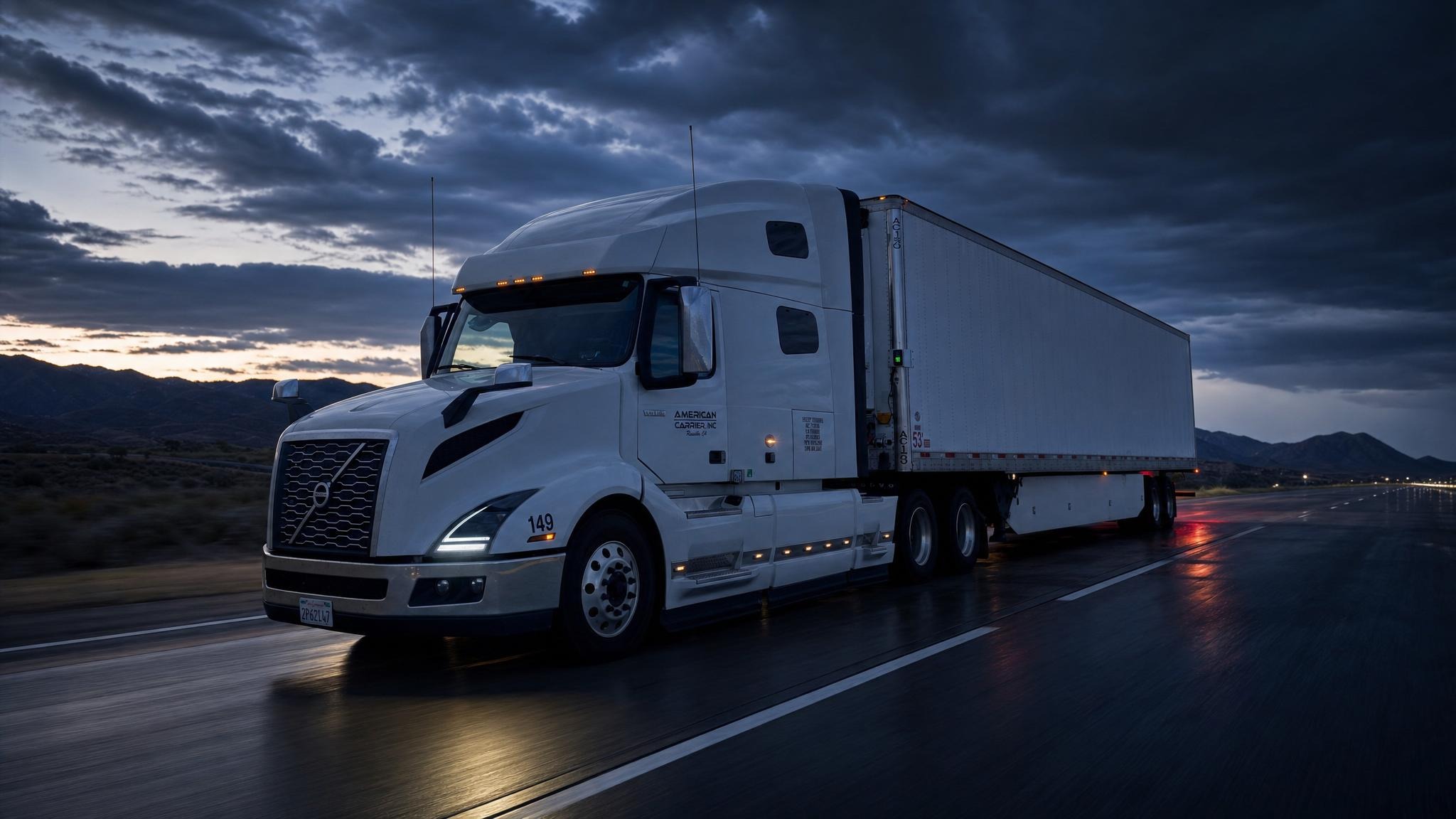 American Carrier, Inc. Volvo VNL 760 #149 with a 53' trailer on an interstate at dusk — visualization based on fleet photos